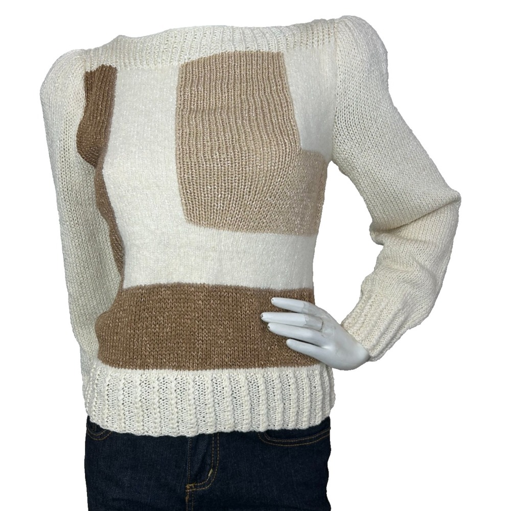 Vtg Nannell Hand Knit Cream Tan Colorblock Angora Sweater Retro 80s Small EUC